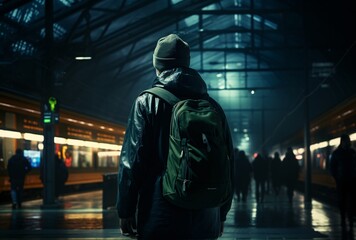 a person in a backpack standing in a train station