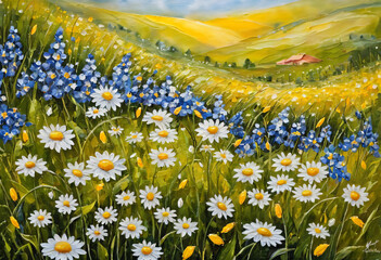 painting is painted with oil paints. The painting painted flowers of the field, strawberry berries, white daisies, bluebells, yellow dandelion flowers, Water