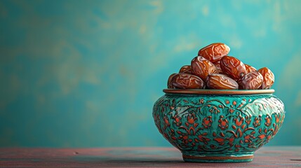 A bounty of dates in a vibrant hand-painted bowl reflecting rich cultural heritage - obrazy, fototapety, plakaty