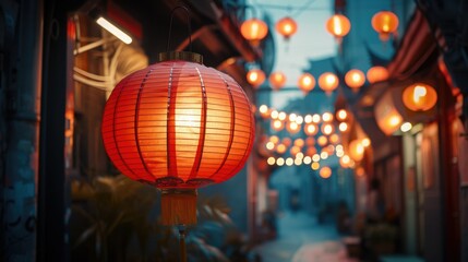 Chinatown lantern hanging at small street - obrazy, fototapety, plakaty