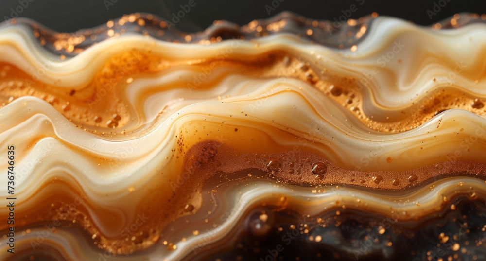 Poster texture of smooth shiny layers of cream swirling and mixing within a velvety cup of espresso creatin