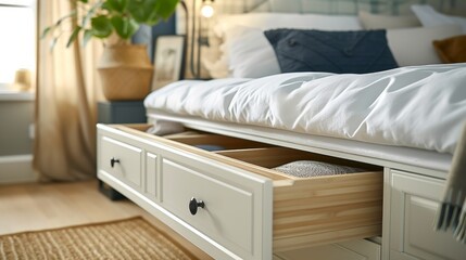 Well-organized bedroom drawer system highlighting functionality and scenic views