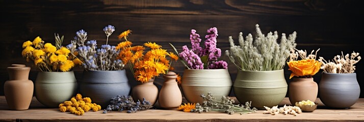 a group of vases with flowers - obrazy, fototapety, plakaty