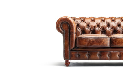 A traditional brown leather Chesterfield sofa couch is original and isolated on a transparent background. PNG file, cut out