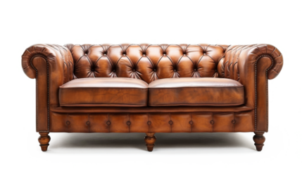 A traditional brown leather Chesterfield sofa couch is original and isolated on a transparent background. PNG file, cut out