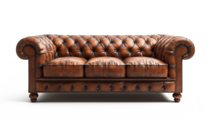 A traditional brown leather Chesterfield sofa couch is original and isolated on a transparent background. PNG file, cut out