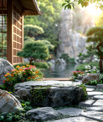 Sunlit Traditional Zen Garden with Boulders and Water