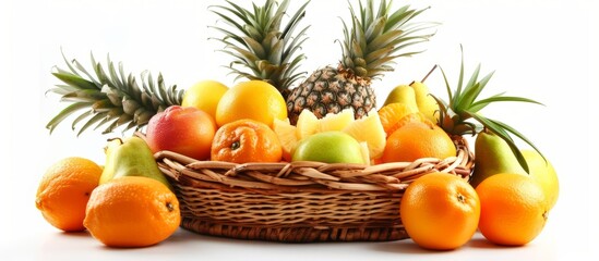 A basket filled with a variety of fruits including oranges and pineapples, set on a simple white...