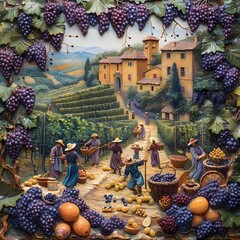 Idyllic Tuscan Vineyard Harvest with Workers in Traditional Attire