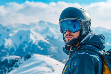 Portrait of a man in a snowboard helmet with goggles in the winter mountains