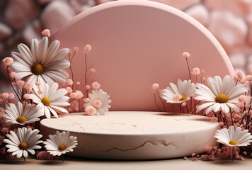 a round platform with flowers and a pink circle