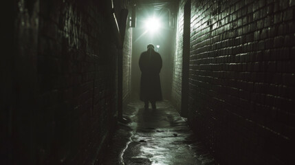 A dark alleyway is illuminated by a fallen angels halo piercing the shadows as they move with a...