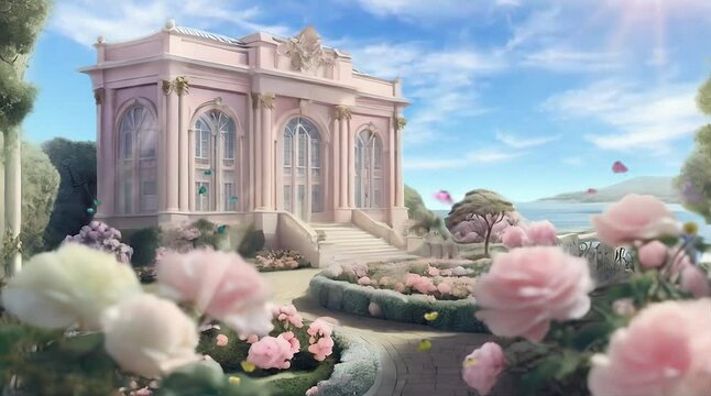 Antique European-style historical monument with a garden full of blooming pink flowers. Flower garden in the morning with hot sunlight and blue sky. 4k animated videos