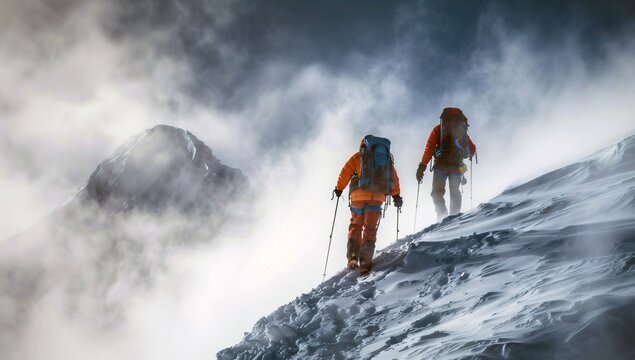 Two climbers climbing on a dangerous glacier mountain alps with ice and snow, background, wallpaper, hiking	
