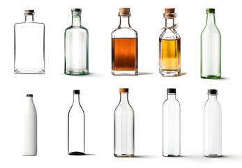 A collection of clear glass bottle on transparency background PNG - Powered by Adobe