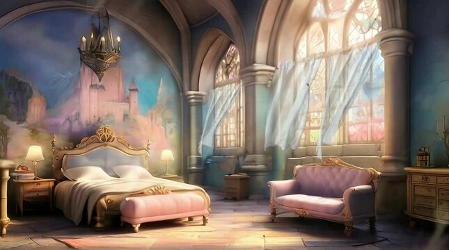 The princess room with the curtains blowing in the morning. A royal room with sunlight streaming in through the windows. Royal fantasy and fairy tale animation video