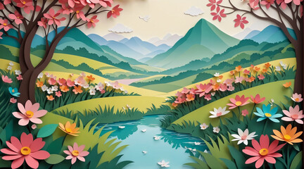 Fototapeta na wymiar Beautiful mountain views filled with colorful flowers in paper cut style.