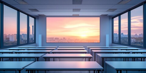 Contemporary classroom with panoramic windows facing a vibrant sunset