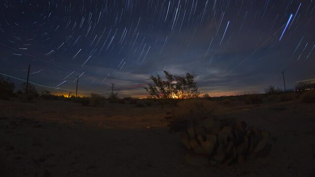 Desert Star Trails Spiral Moon Rise Cactus Night Sky 4k