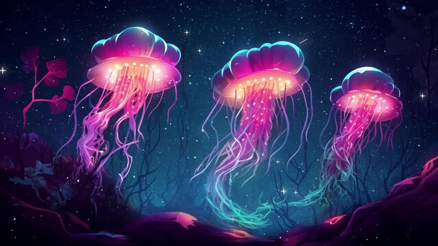 illustration glowcore flat design. bioluminescent jellyfish. seamless looping overlay 4k virtual video animation background 