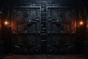 two metal doors with a couple of guns