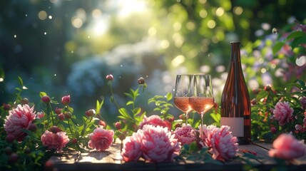 Summer outdoor setting with pink wine and lush peonies creating a romantic atmosphere - obrazy, fototapety, plakaty