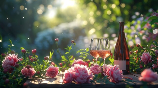 Summer outdoor setting with pink wine and lush peonies creating a romantic atmosphere