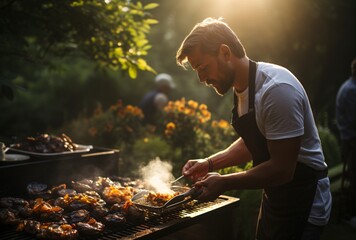 a man cooking food on a grill