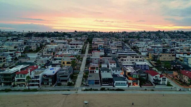 Aerial tracking shot of the Manhattan Beach district, sunset in Los Angeles, USA