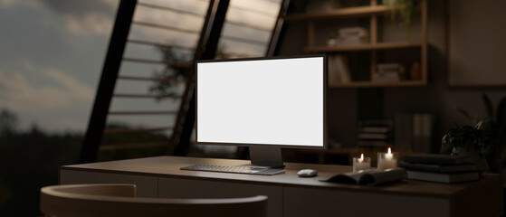 A modern home office or private office with a white-screen computer mockup on a table.