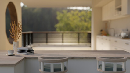 An empty space on a minimal wooden kitchen island or countertop in a modern, spacious white kitchen.