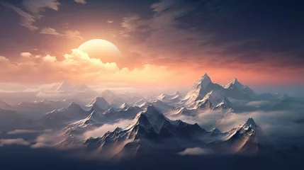 Poster the moon is rising over the ridge above the mountain landscape ilustration photo © JetHuynh