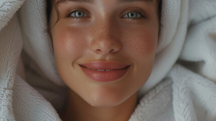 A woman getting out of the shower, wearing a shower robe. Feeling refreshed, clean. cosmetic shot, beauty industry advertising photo.