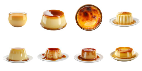 Custard pudding set collection in 3d png transparent no background.