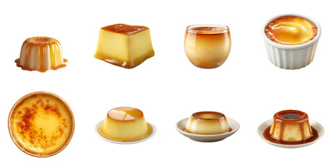 Custard pudding collection in 3d png transparent for product presentation.