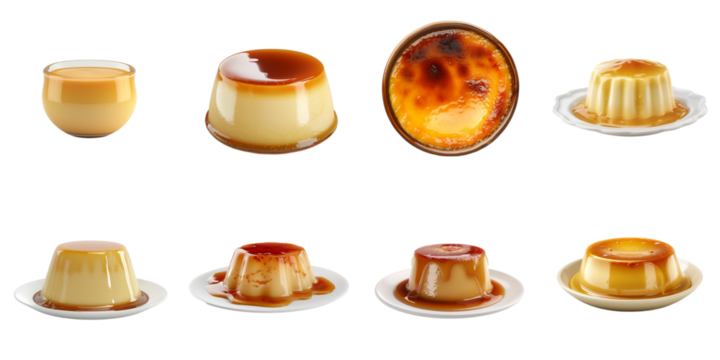 Custard pudding set collection in 3d png transparent no background.