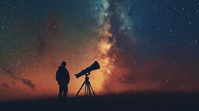 milky way at sunset and telescope in the foreground