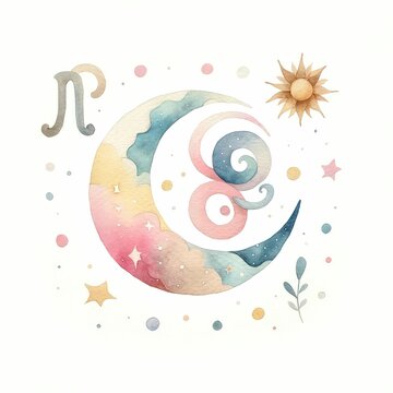 Zodiac signs and celestial themes for spring.watercolor illustration, astrological signs for horoscope, astrology concept.
