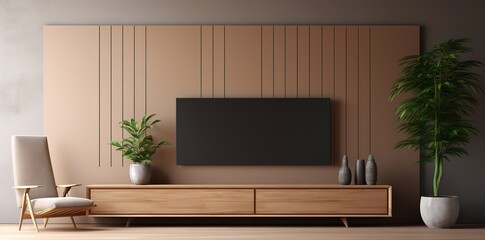 3d rendering of wooden tv cabinet on table in background Interior wall scene