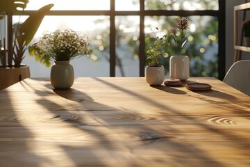 A cozy scene with sunlight casting warm tones on a wooden table adorned with vases of fresh flowers near a window