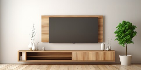 3d rendering of wooden tv cabinet on table in background Interior wall scene