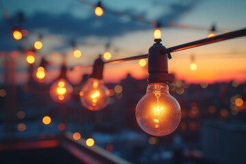 String lights with warm bulbs illuminate, casting a cozy glow over a cityscape at dusk, evoking feelings of comfort and nostalgia
