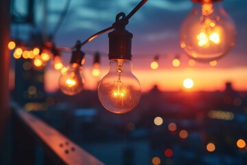 Close-up view of glowing light bulbs with the backdrop of an urban skyline at twilight, symbolizing urban elegance and simplicity