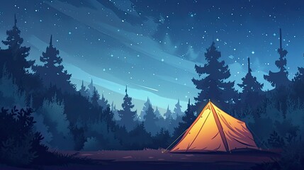 Nighttime Forest Camping Tent Under Starry Sky