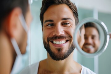 Satisfied young man admiring his bright smile in the dental clinic mirror after a successful treatment - obrazy, fototapety, plakaty