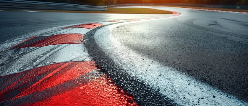 Close-up shot of a racetrack with textured asphalt and vibrant red and white curb lines