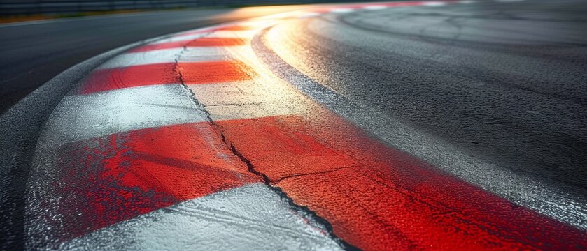 Dramatic sunset lighting over a curving racetrack with red and white curbs