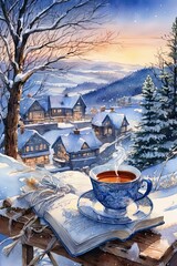 Cup of tea and book on winter background. Winter landscape.