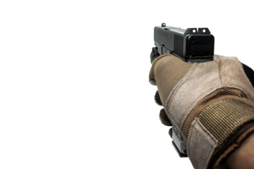 Male hand holding gun aiming in subjective point of view POV transparent on background in fire weapon use and war crime and violence concept 