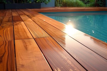 Warm sunrays blanket a polished wooden deck adjacent to the crystal-clear water of a pool, depicting leisure
